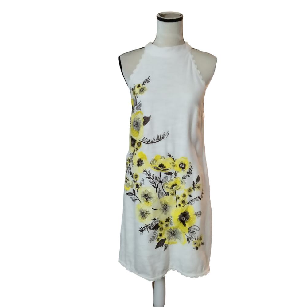 Anthropologie Maeve Sz 4 Petunia White Yellow High Neck Shift Dress Embroidered